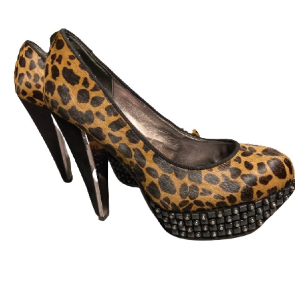 Sam Edelman animal print fur and leather studded platform stilettos - Picture 3 of 5